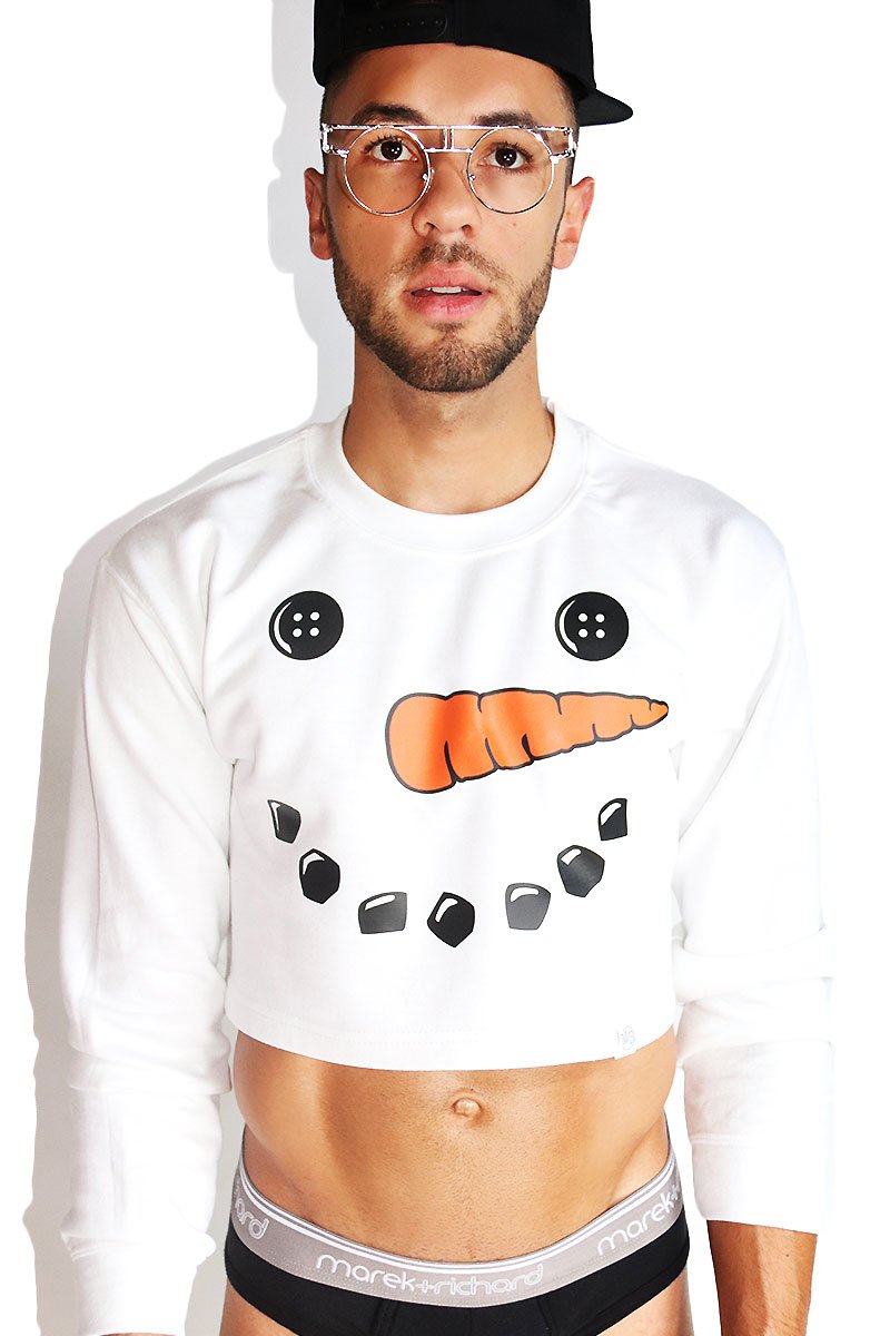 Snowman Long Sleeve Crop Sweatshirt- White