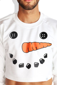 Snowman Long Sleeve Crop Sweatshirt- White