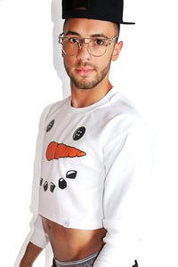 Snowman Long Sleeve Crop Sweatshirt- White