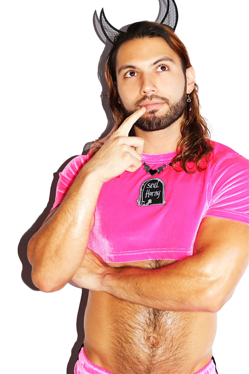 Still Horny Velvet Extreme Crop Tee- Fuchsia