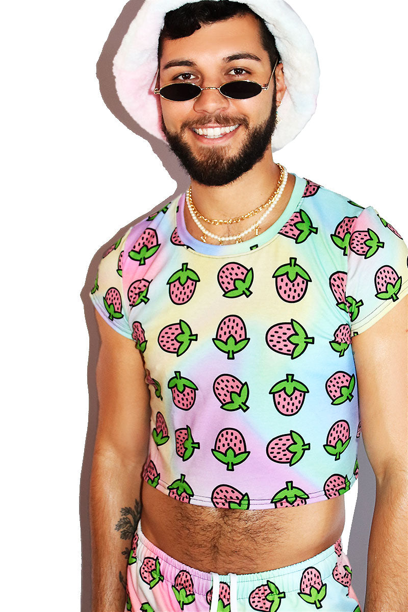 Strawberry All Over Print Fitted Crop Tee- Multi