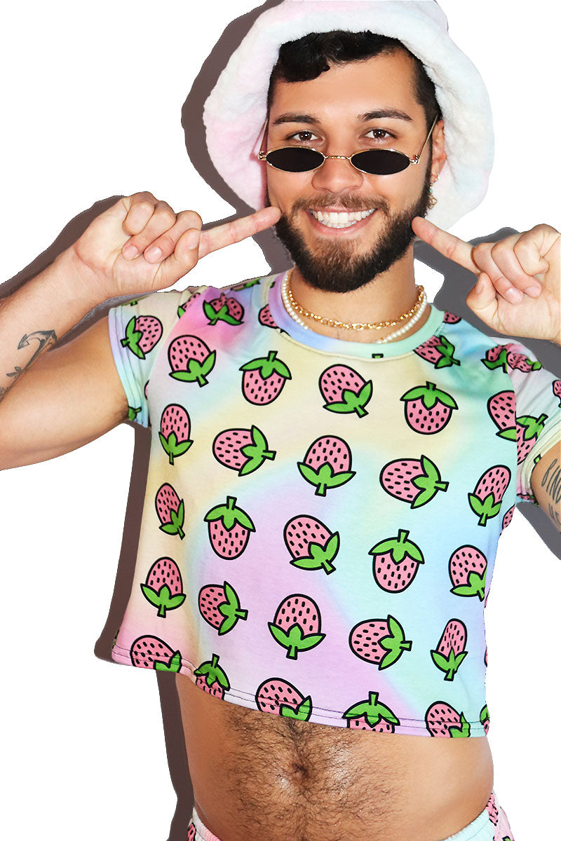 Strawberry All Over Print Fitted Crop Tee- Multi