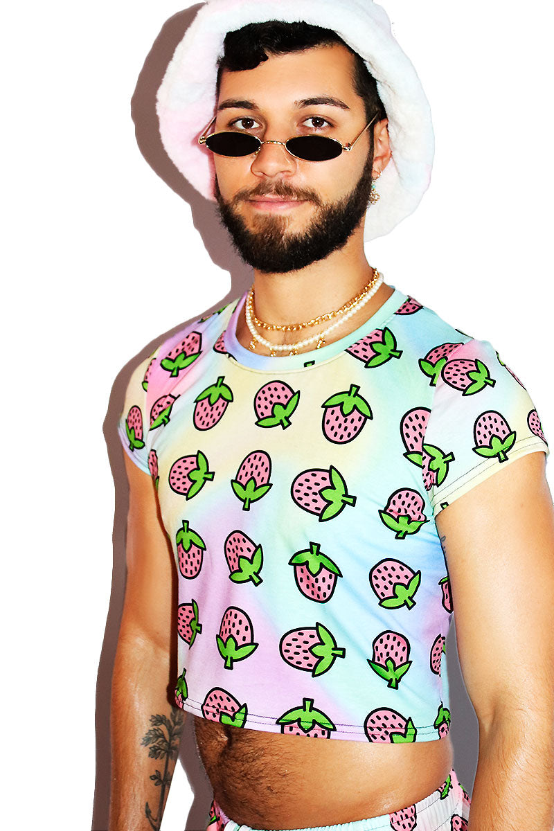 Strawberry All Over Print Fitted Crop Tee- Multi