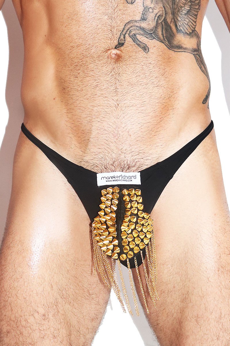 Studded Cod Piece Thong- Black