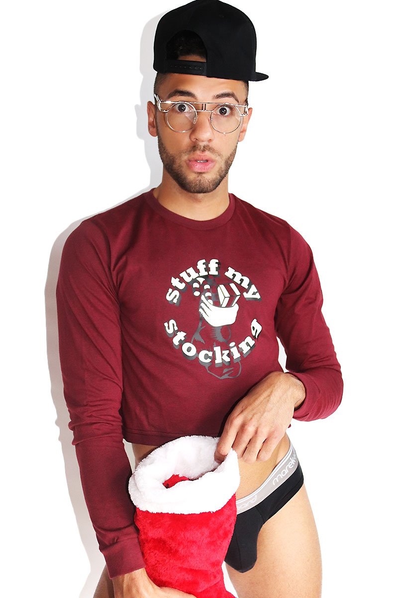 Stuff My Stocking Long Sleeve Crop Tee- Burgundy