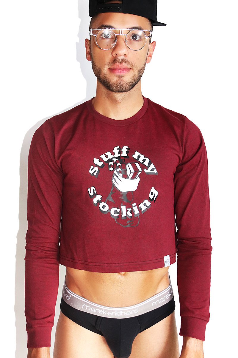 Stuff My Stocking Long Sleeve Crop Tee- Burgundy