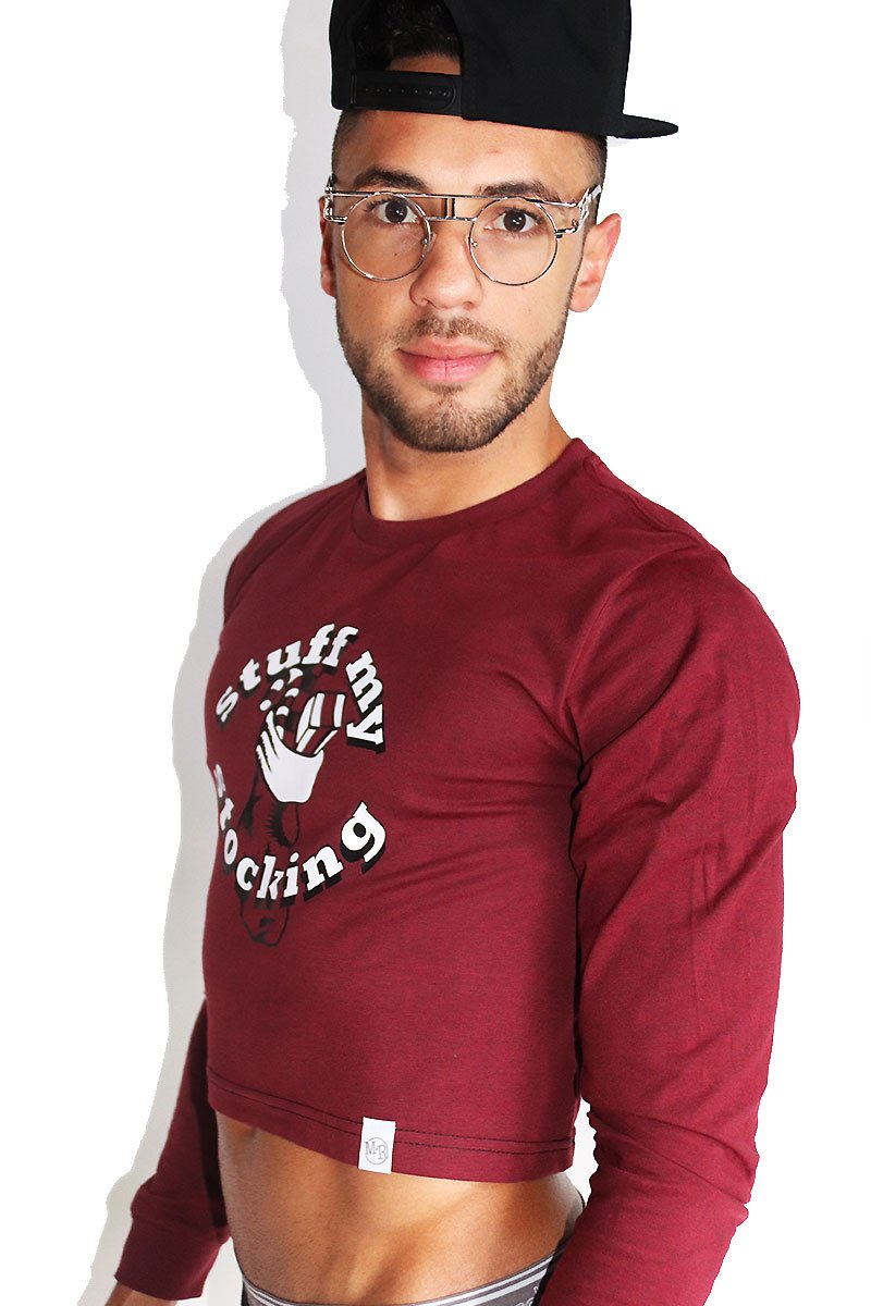 Stuff My Stocking Long Sleeve Crop Tee- Burgundy