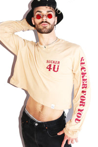Sucker For You Long Sleeve Crop Tee- Sand