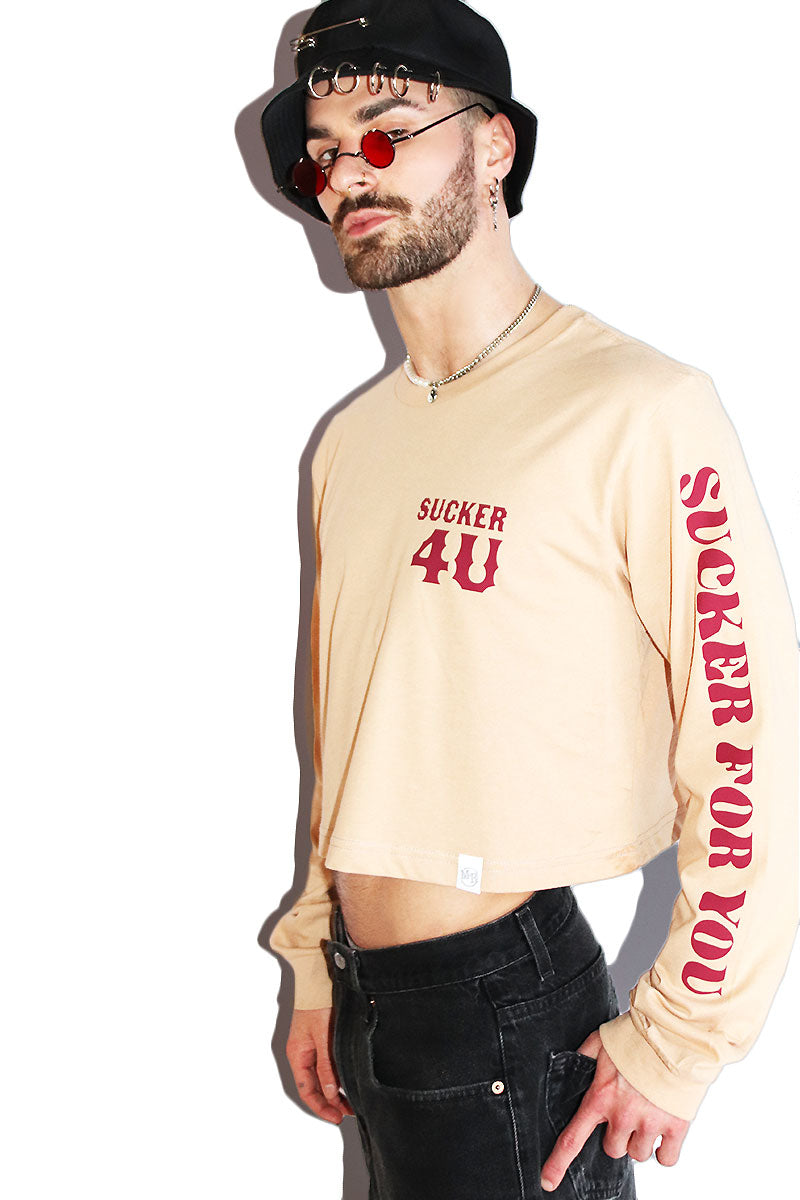 Sucker For You Long Sleeve Crop Tee- Sand