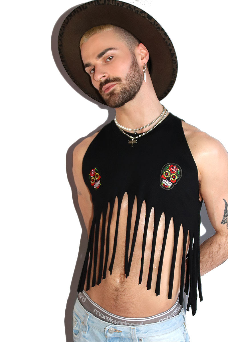 Heritage Skulls Fringe Halter Peak Crop Tank- Black