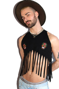 Heritage Skulls Fringe Halter Peak Crop Tank- Black