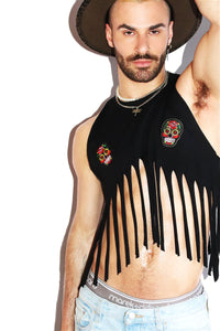 Heritage Skulls Fringe Halter Peak Crop Tank- Black