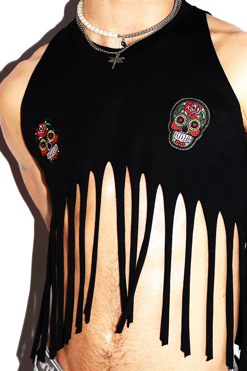 Heritage Skulls Fringe Halter Peak Crop Tank- Black