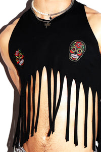 Heritage Skulls Fringe Halter Peak Crop Tank- Black