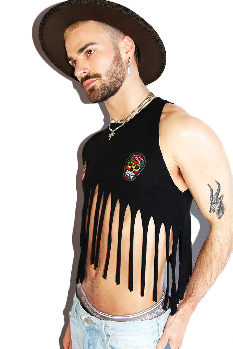 Heritage Skulls Fringe Halter Peak Crop Tank- Black