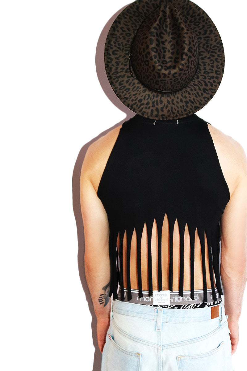 Heritage Skulls Fringe Halter Peak Crop Tank- Black