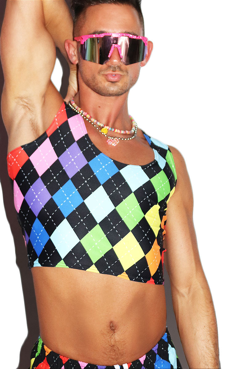 Arygle Rainbow All Over Print Fitted Crop Tank- Multi