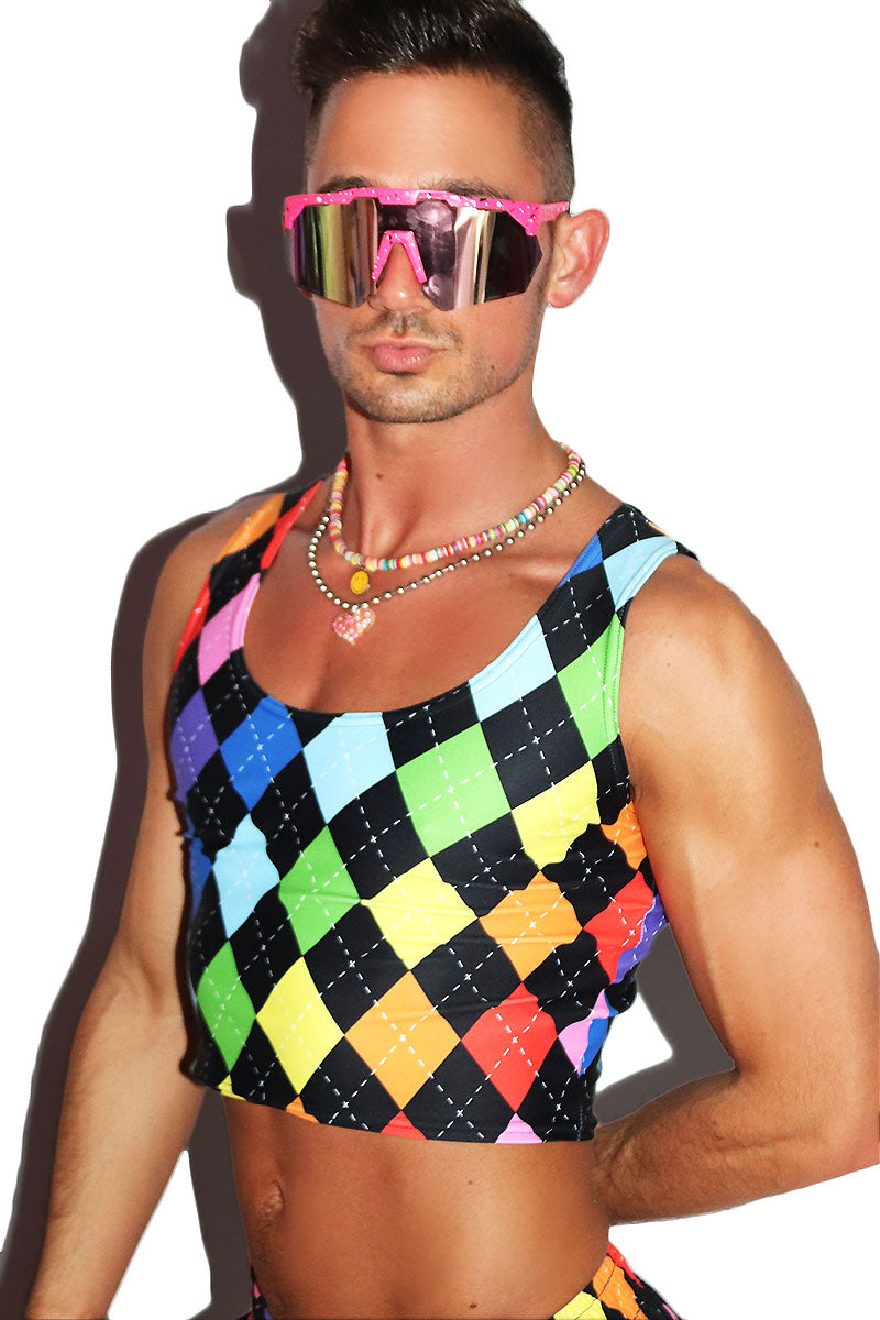 Arygle Rainbow All Over Print Fitted Crop Tank- Multi