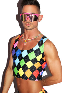 Arygle Rainbow All Over Print Fitted Crop Tank- Multi