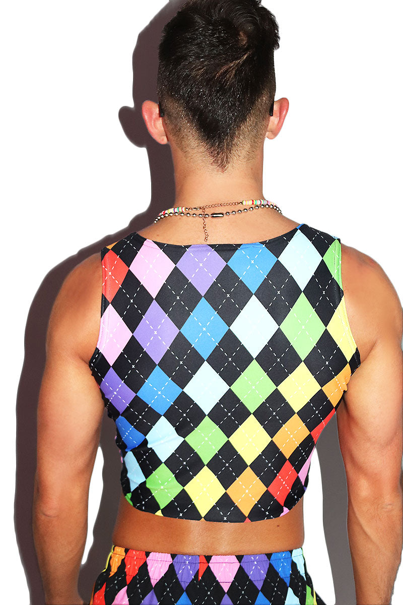 Arygle Rainbow All Over Print Fitted Crop Tank- Multi