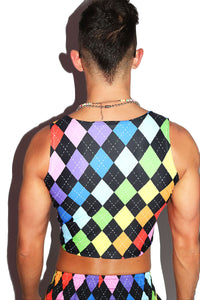 Arygle Rainbow All Over Print Fitted Crop Tank- Multi