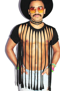 Slashed and Shredded Fringe Tee-Black