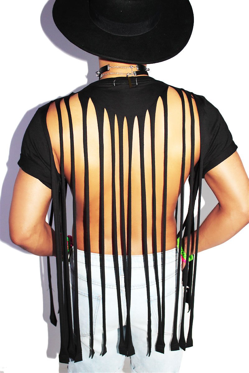 Slashed and Shredded Fringe Tee-Black