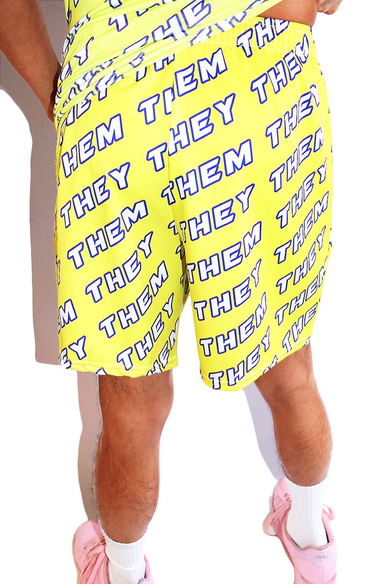Pronouns They / Them All Over Gym Shorts- Yellow