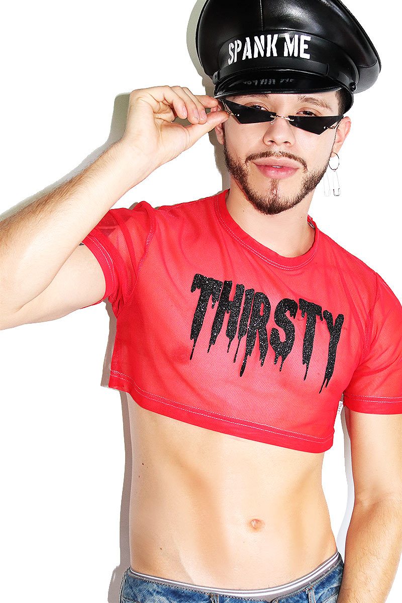 Thirsty Glitter Mesh Extreme Crop Tee-Red