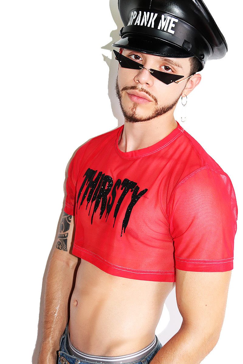 Thirsty Glitter Mesh Extreme Crop Tee-Red