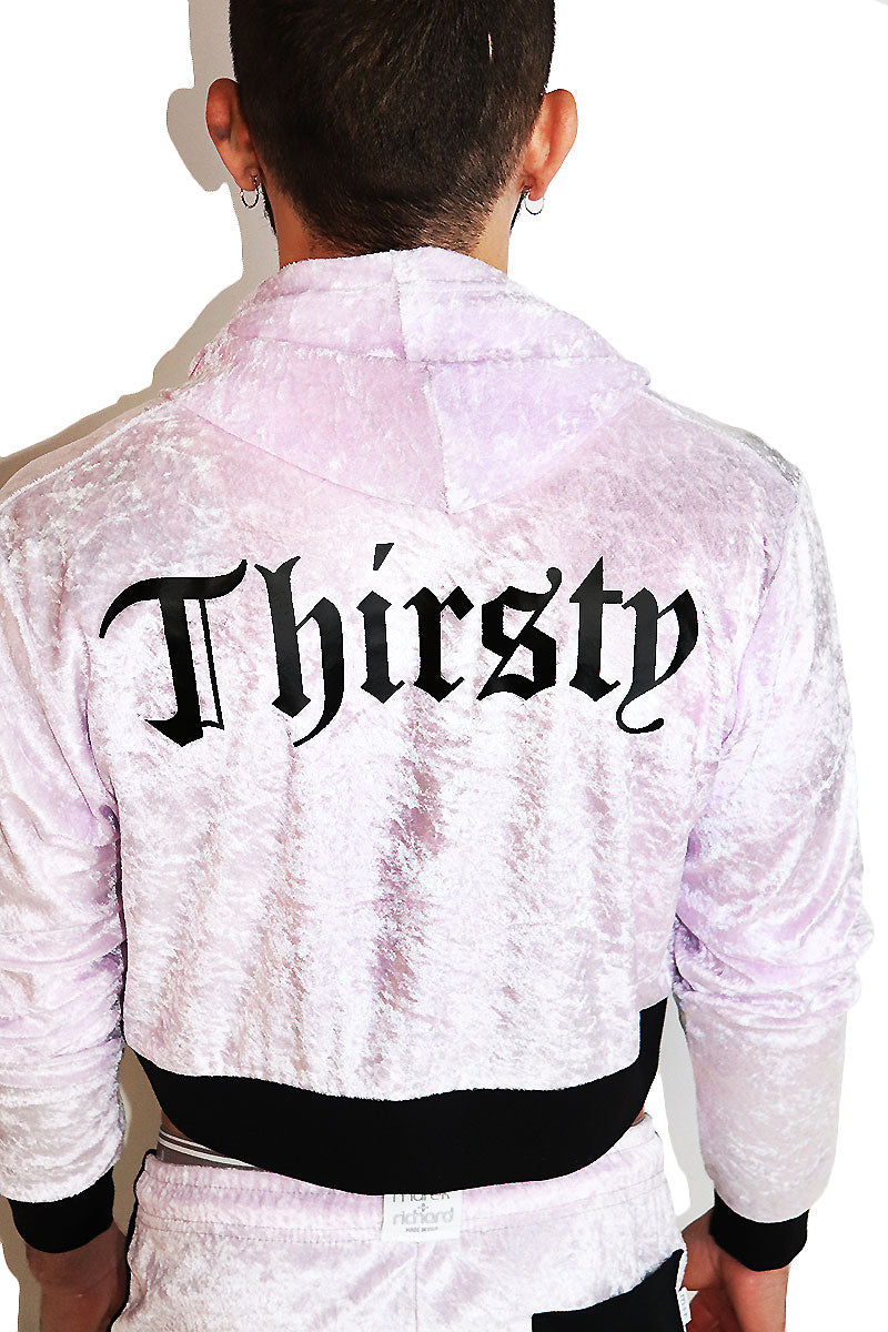 Thirsty Crushed Velvet Crop Hoodie-Purple