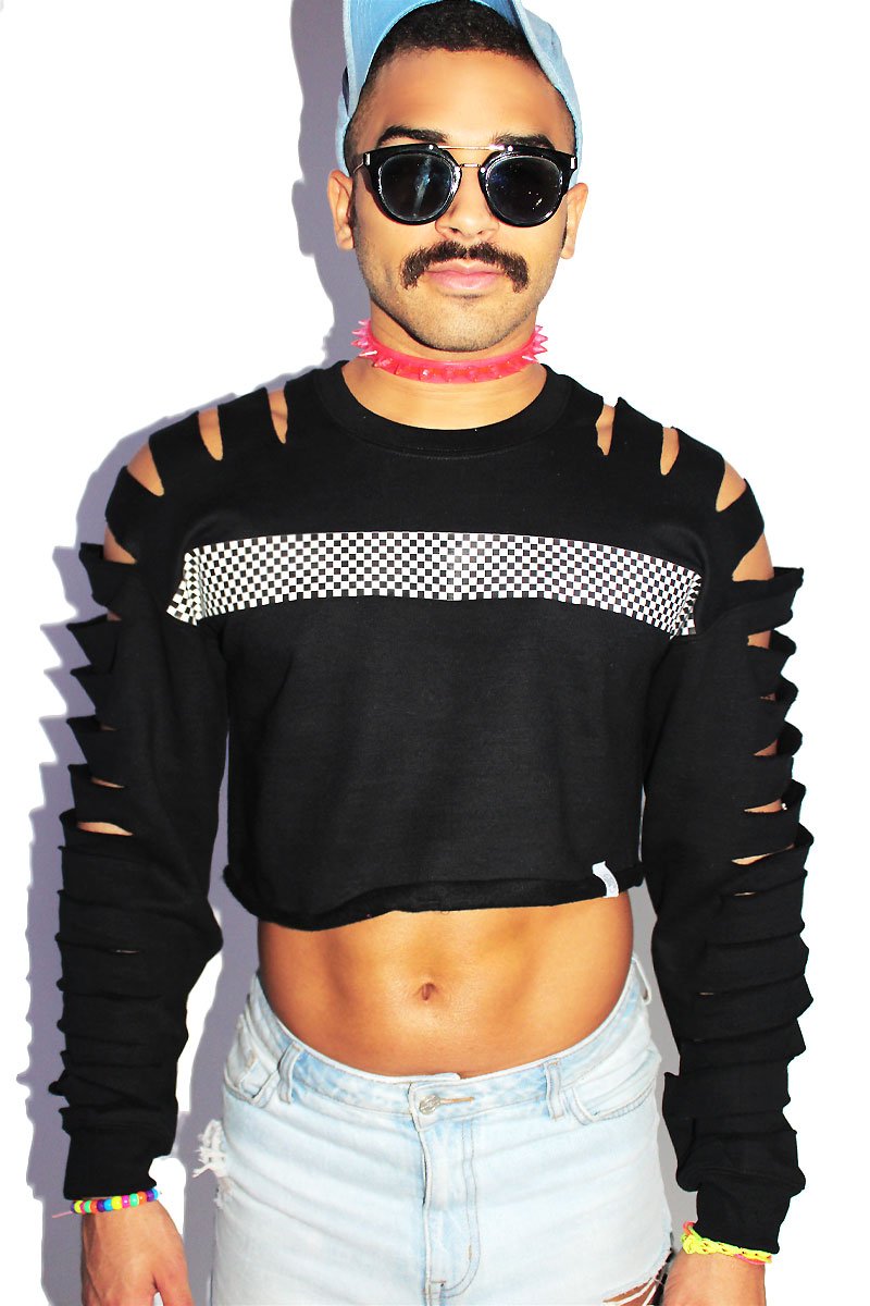 Checkerboard Crop Slash Long Sleeve Sweatshirt-Black