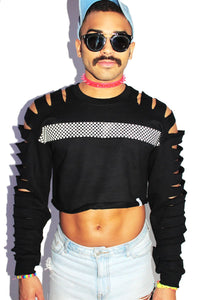 Checkerboard Crop Slash Long Sleeve Sweatshirt-Black