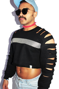 Checkerboard Crop Slash Long Sleeve Sweatshirt-Black