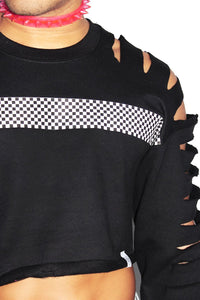 Checkerboard Crop Slash Long Sleeve Sweatshirt-Black