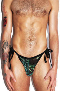 Night Palms Mesh Tied Up String Thong - Black