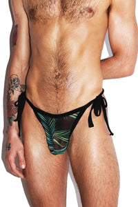 Night Palms Mesh Tied Up String Thong - Black