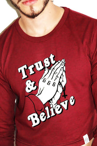 Trust and Believe Long Sleeve Crop Tee-Burgundy