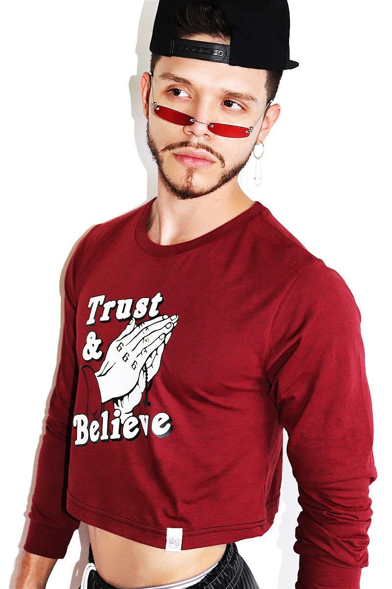 Trust and Believe Long Sleeve Crop Tee-Burgundy