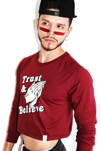 Trust and Believe Long Sleeve Crop Tee-Burgundy