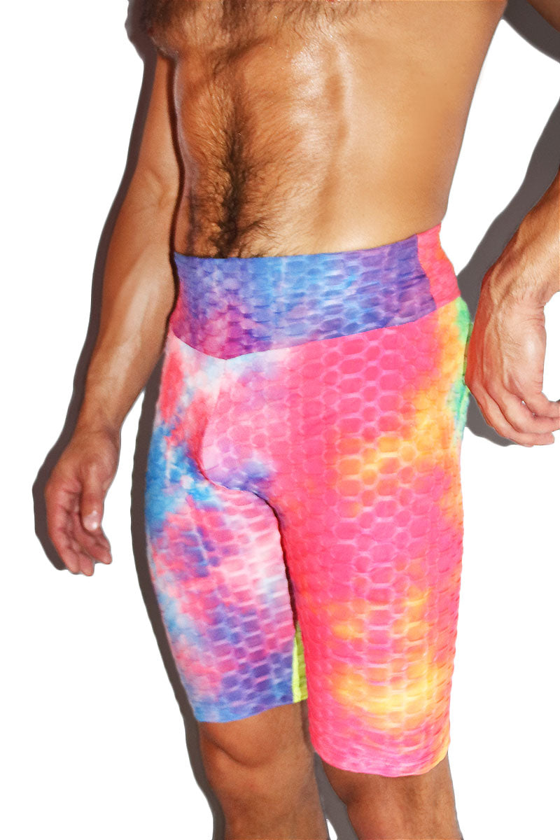 Rainbow Tye Dye Waffle Long Biker Shorts-Multi