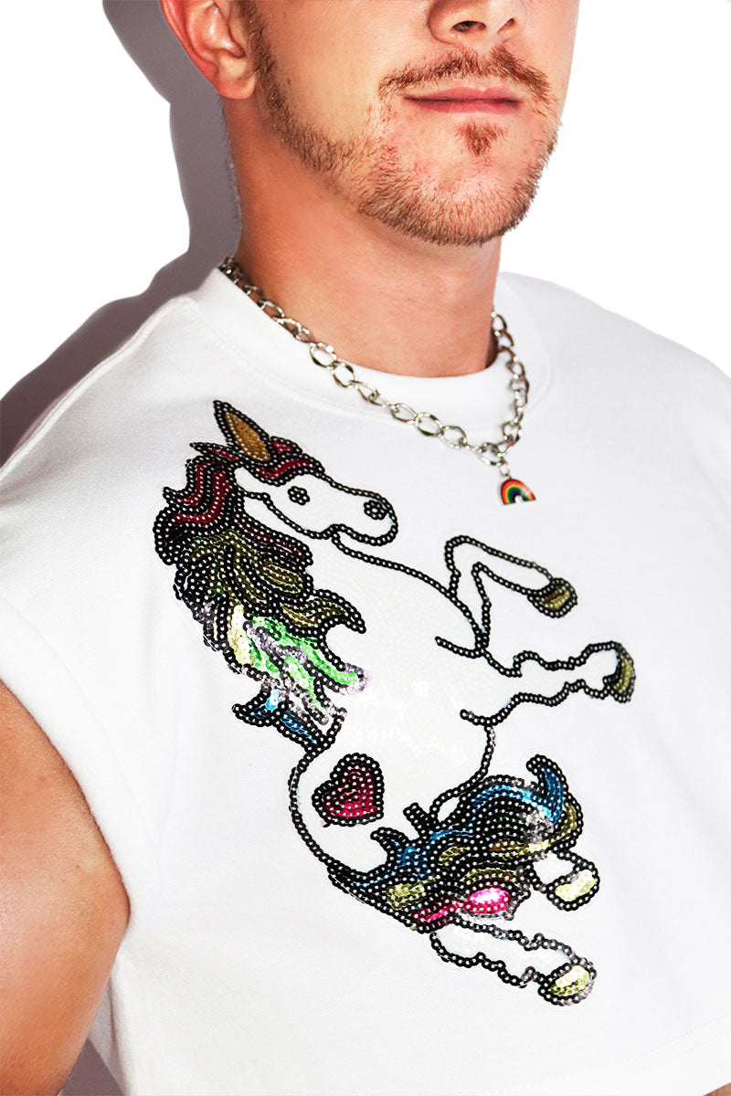 Unicorn Short Sleeve Crop Sweatshirt- White