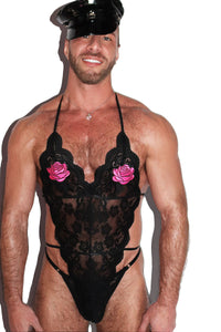 Naughty Nighty Roses Lace Thong Bodysuit- Black