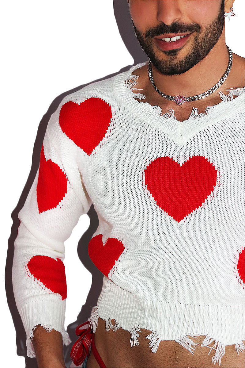 Destroyed Heart Crop Sleeve Sweater- White