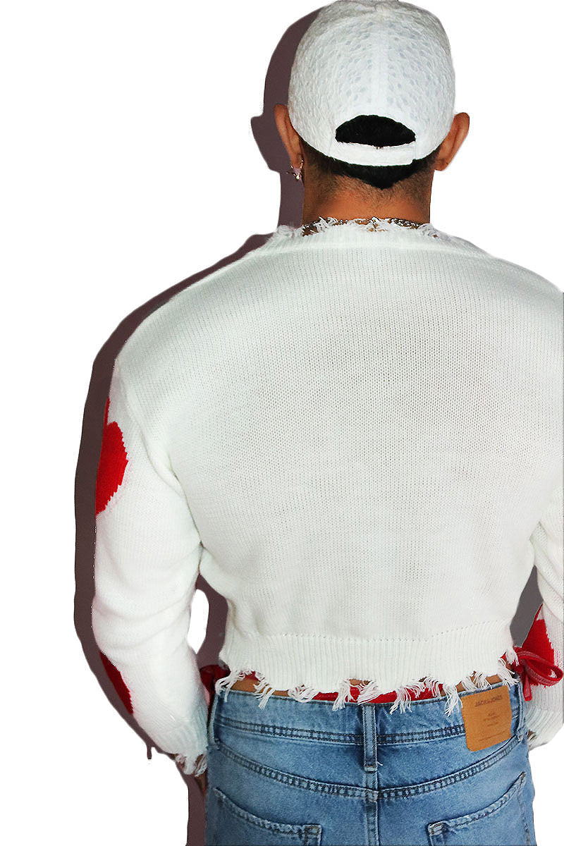 Destroyed Heart Crop Sleeve Sweater- White