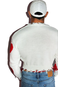 Destroyed Heart Crop Sleeve Sweater- White