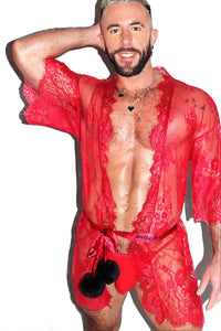 Pretty Boy Lace Lounge Robe-Red