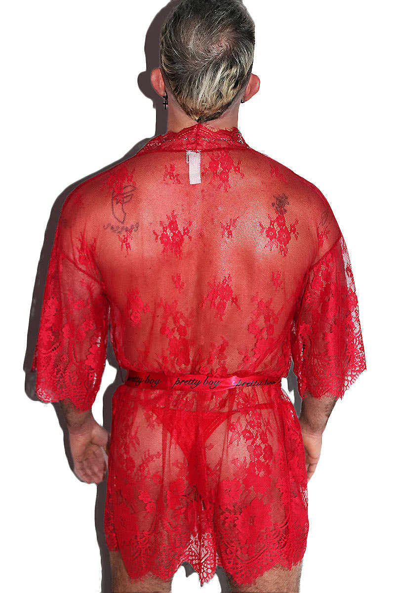 Pretty Boy Lace Lounge Robe-Red