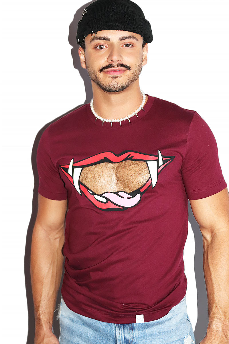 Vampire Teeth Cutout Tee-Burgandy