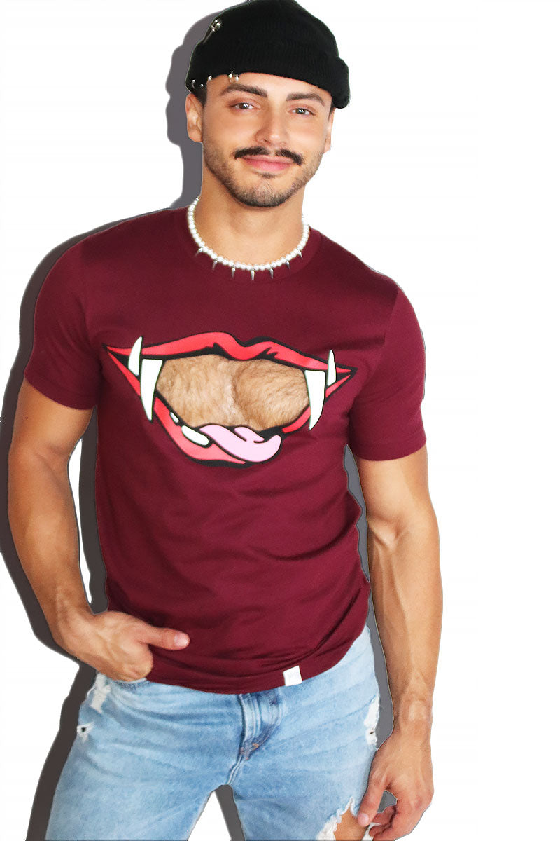 Vampire Teeth Cutout Tee-Burgandy